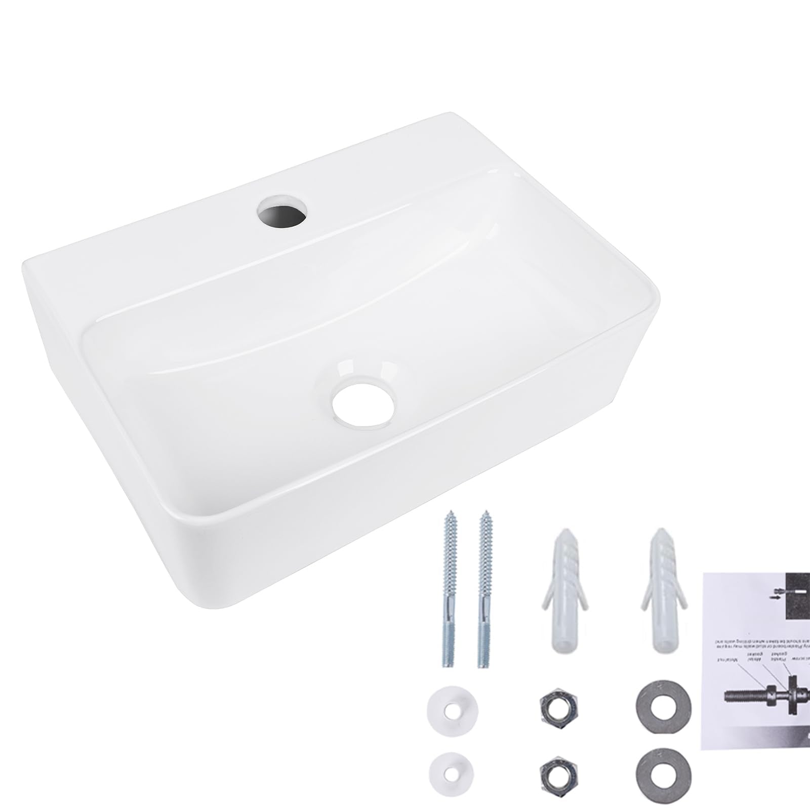 White Smoke Wall Hung Bathroom Vessel Sink, QISHKA 14.5" X 10" Rectangular Floating Ceramic Wash Hand Basin White Wall Mount Vanity Sink for Small Bathroom and Small Cloakroom