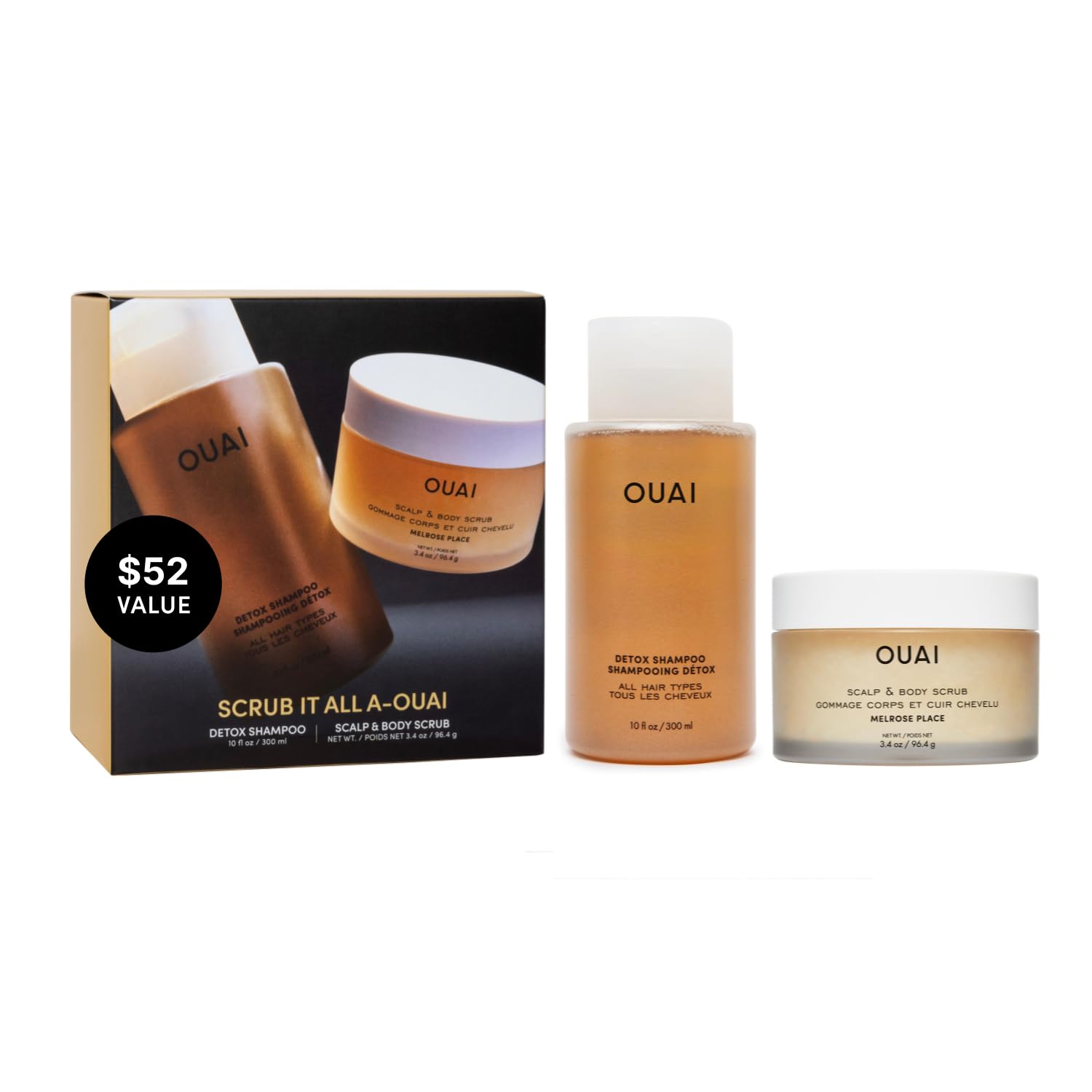 White Smoke OUAI Hair Care Set - Clarifying Shampoo & Exfoliating Scalp Scrub - Deep Cleansing & Balancing - Hair Care Kit with Detox Shampoo & Travel Size Sugar Scrub for Scalp (2 Count)