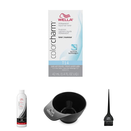White Smoke WELLA colorcharm Hair Dye & Coloring Kit, T14 Silver Lady Toner + 10 Vol Cream Developer with Color Mixing Brush & Bowl for Mixing and Application, Great For Professional or At Home DIY Use, 4PC Set