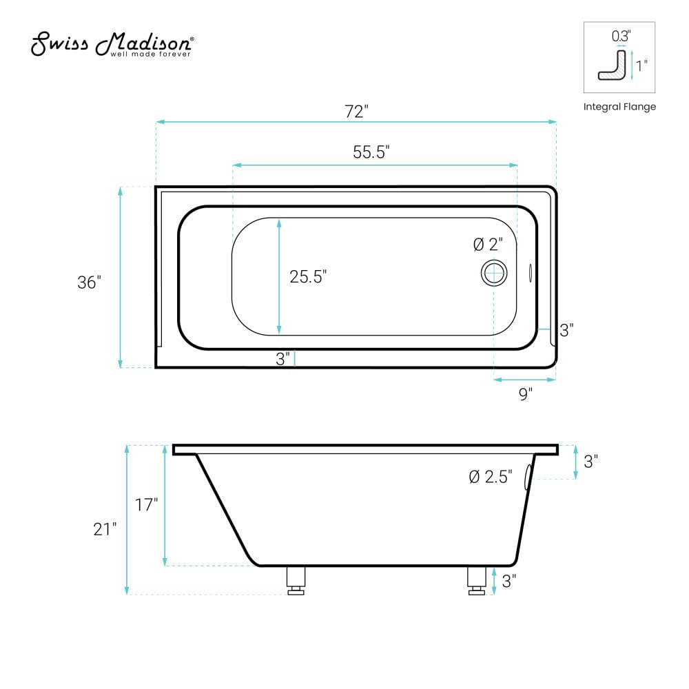 White Smoke Swiss Madison Voltaire 72 x 36 Right Drain Soaking Alcove Bathtub in Glossy White with Integrated Armrest