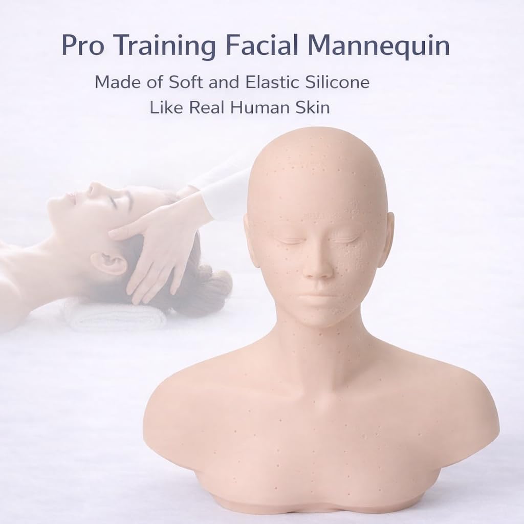 White Smoke Japard Mannequin Head for Facial Practice, Massage, Esthetics Doll with Acupressure Point, Soft PVC Silicone Head with Shoulder