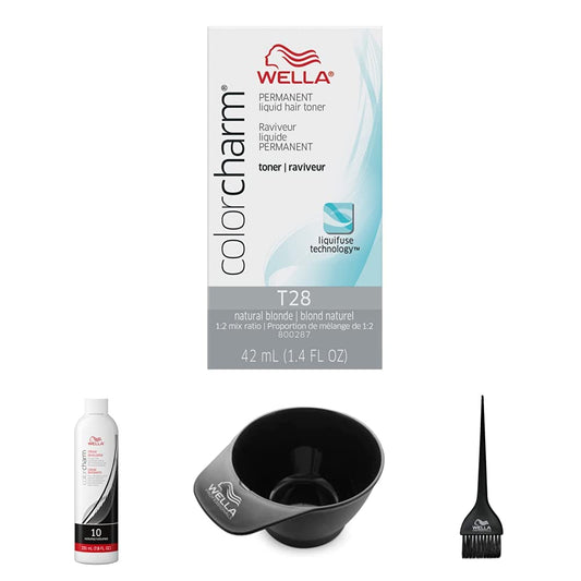 White Smoke WELLA colorcharm Hair Dye & Coloring Kit, T28 Natural Blonde + 10 Vol Cream Developer with Color Mixing Brush & Bowl for Mixing and Application, Great For Professional or At Home DIY Use, 4PC Set