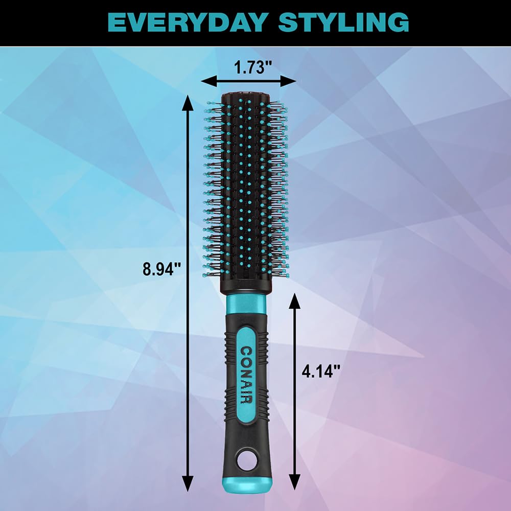Light Steel Blue Conair Grip & Style Round Brush, Nylon Bristle Hair Brush for Blowout Styling, Ideal for Coarse, Curly, Wavy Hair, Color May Vary