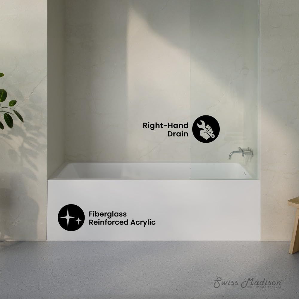 Light Slate Gray Swiss Madison Voltaire 72 x 32 Skirted Right Drain Soaking Alcove Bathtub in Glossy White, Drain Included