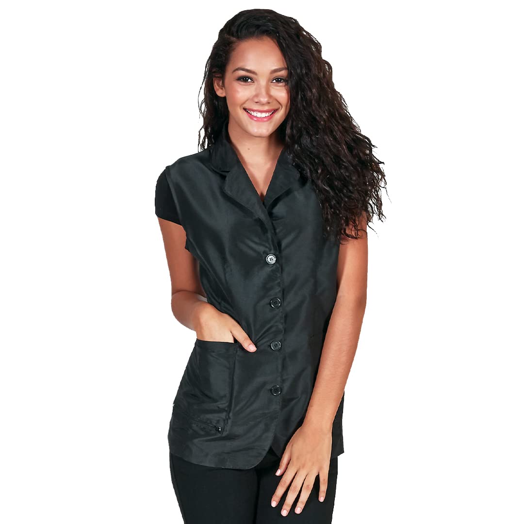 White Smoke Betty Dain Kool Breeze Mesh Back Salon Stylist Vest, Unique Stretch Mesh Back for Breathability, Pockets with Zippered Bottoms, Button Closure, Lightweight, Water Resistant Polyester Fabric, S Black