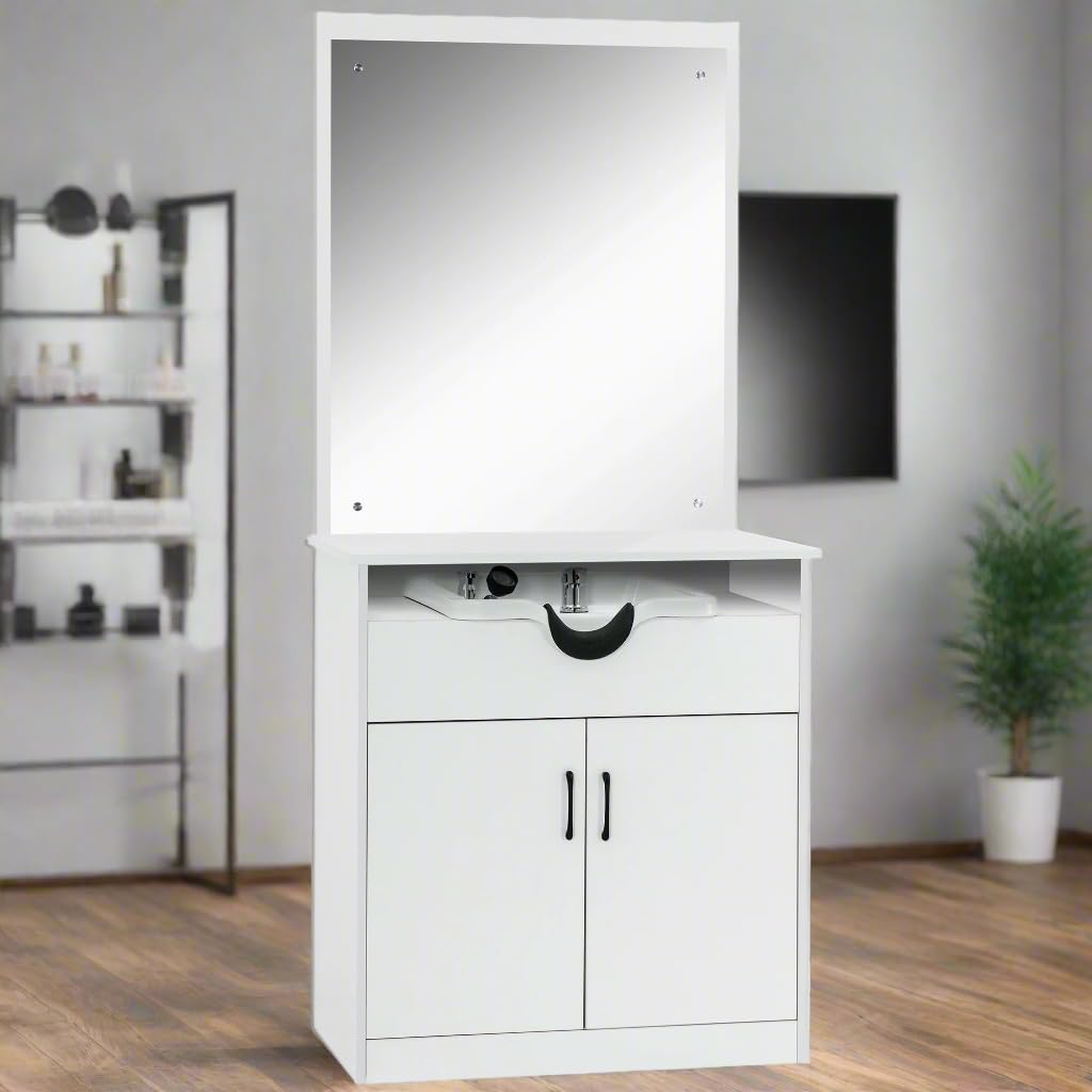 Lavender BarberPub Backwash Shampoo Bowl Sink Chair Station with Mirror Salon Styling Cabinet Spa Equipment 3130 (White)