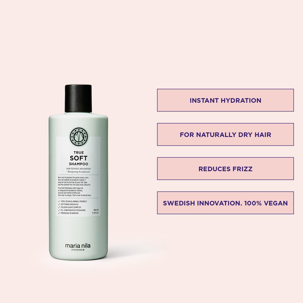 Misty Rose Maria Nila True Soft, Moisturizing Shampoo For Dry Brittle Hair, Argan Oil Remoisturises & Reduces Frizz, 100% Vegan & Sulfate/Paraben free, 11.8 Fl Oz