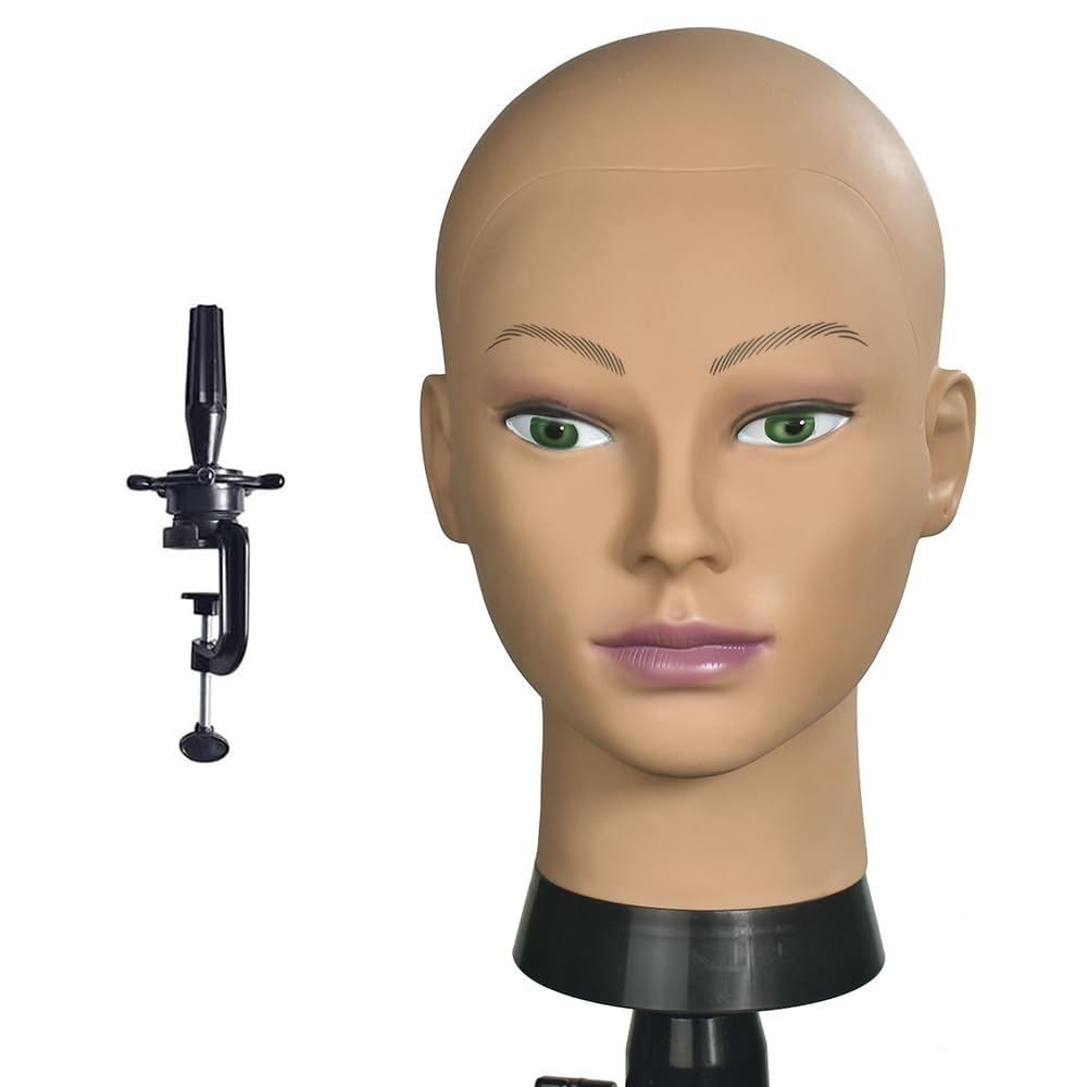 White Smoke CAZSYSDD Bald Mannequin Head Beige Female Professional Cosmetology Manikin Doll head for Wigs Making Wig Display Hat Display Glasses Display with Free Clamp (Afro)