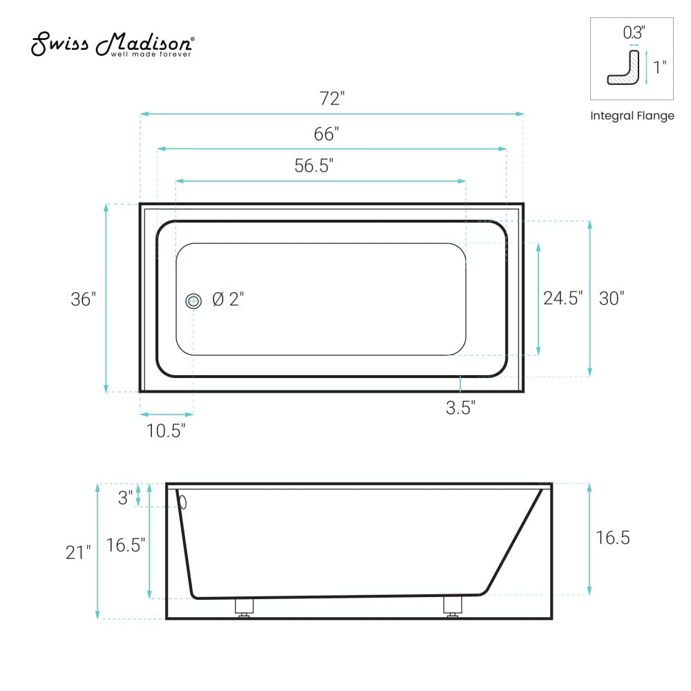 White Smoke Swiss Madison Voltaire 72 x 36 Skirted Left Drain Soaking Alcove Bathtub in Glossy White, Drain Included