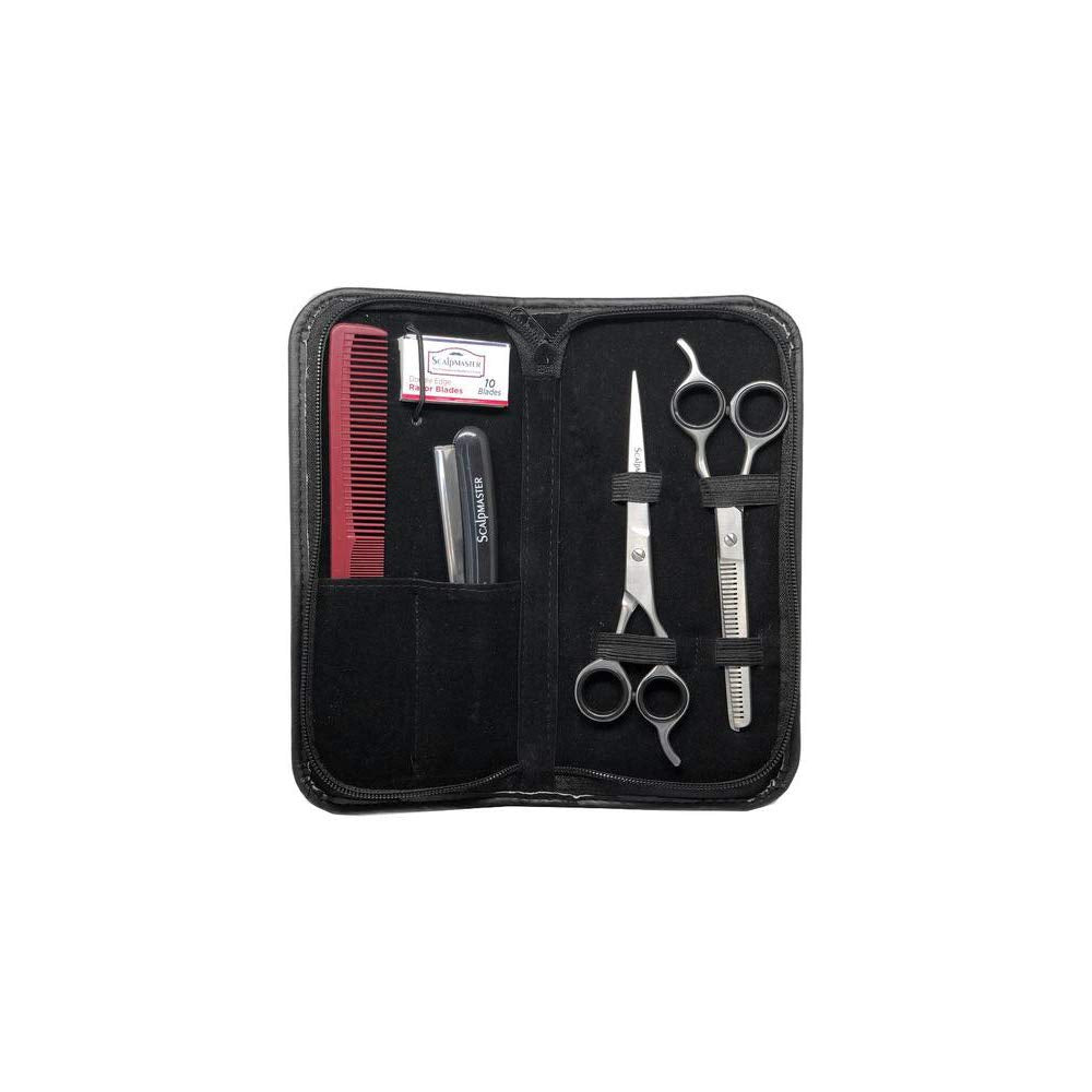 Black Scalpmaster 5 pc Barber Kit Shears, Straight Razer, Comb, Thinning Shear & Blades