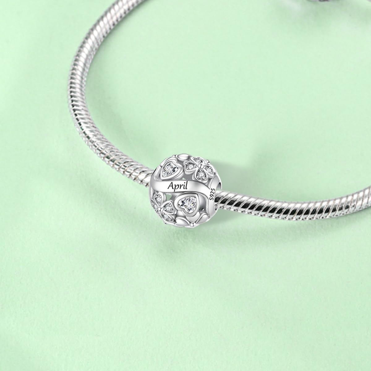 Beige 925 Sterling Silver Lucky Clover Birthstone Charms for Bracelets Dangle Pendant with 5A Cubic Zirconia Compatible Pandora Bracelets, Ladies Birthday Gift