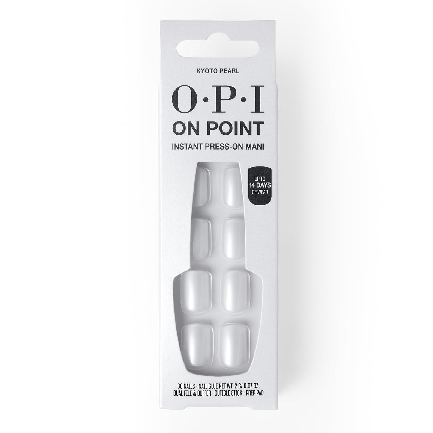 Light Gray OPI On Point Kyoto Pearl | Short Squoval White Shimmer Satin Press On Nails | 30 Count with Nail Glue | Long Lasting, Reusable, Non-damaging