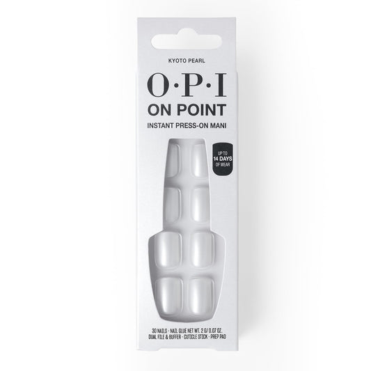 Light Gray OPI On Point Kyoto Pearl | Short Squoval White Shimmer Satin Press On Nails | 30 Count with Nail Glue | Long Lasting, Reusable, Non-damaging
