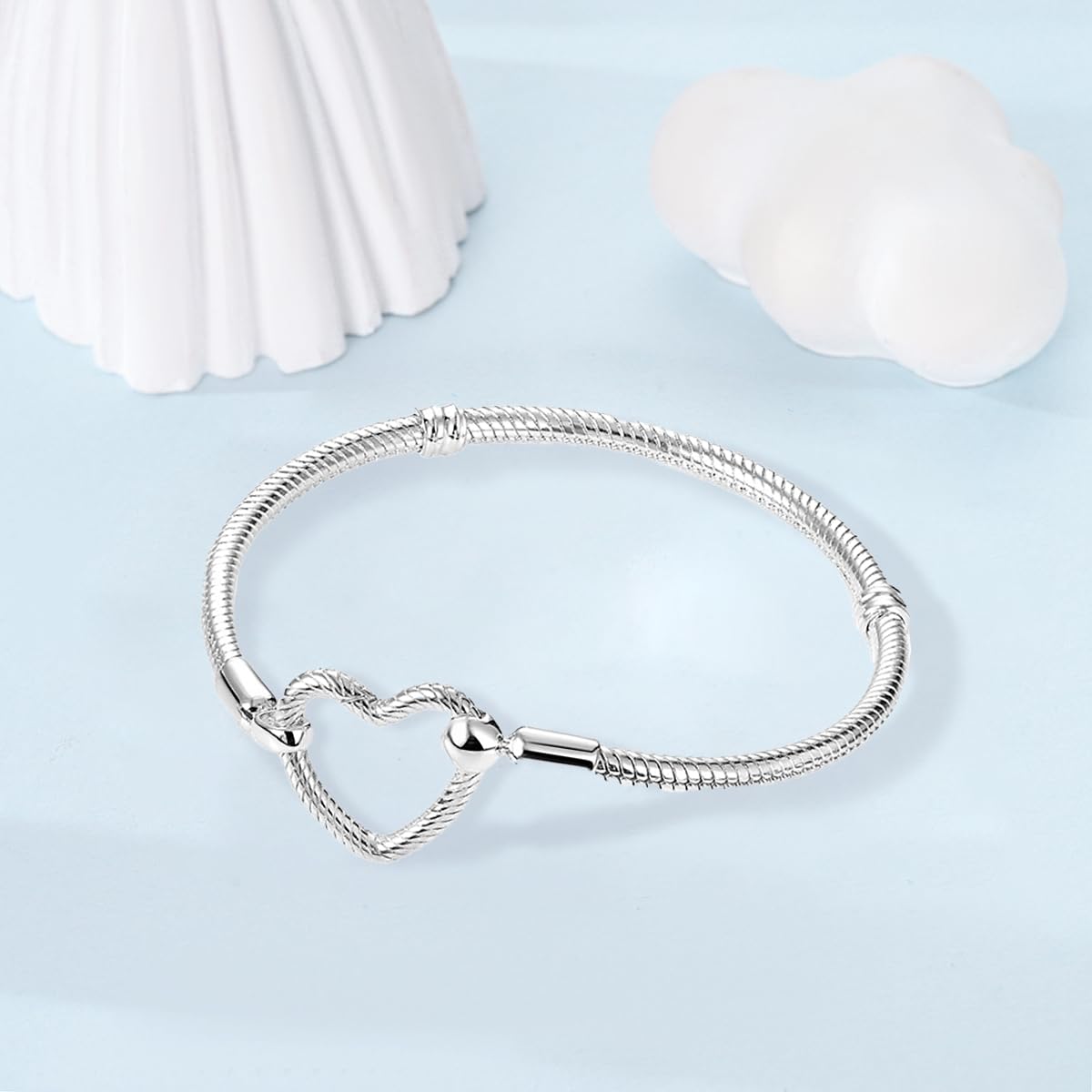 Lavender ChenYuTe 925 Sterling Silver Snake Chain Bracelet,Compatible with Pandora Charms Pendant,Heart Shape Bracelet Clasp for Womes Jewellery Gift