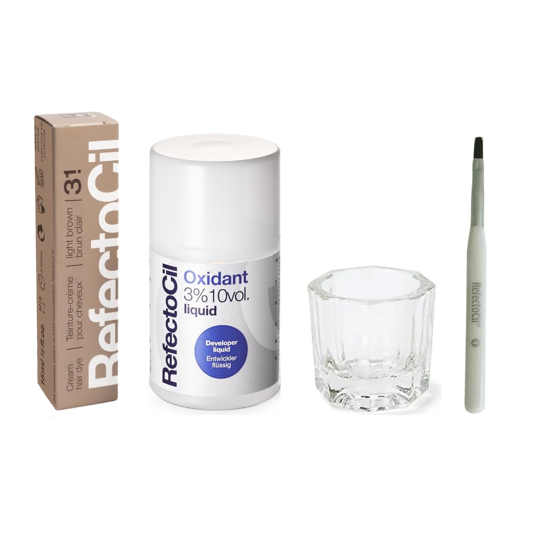 White Smoke RefectoCil Light Brown (#3.1) Hair Tinting Kit Includes Cream Hair Dye + Liquid Oxidant 3% + Mixing Brush & Mixing Dish