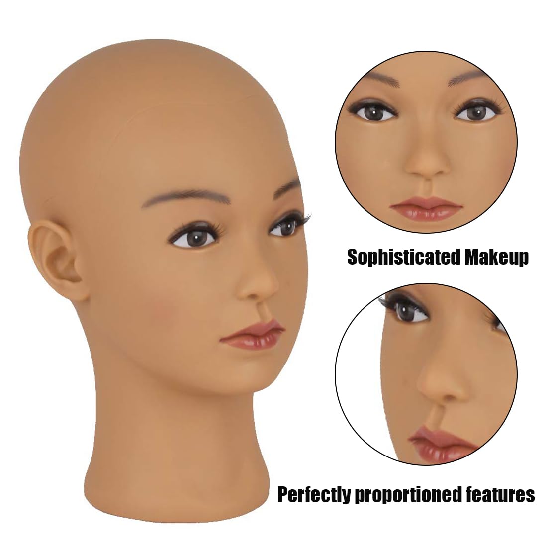 White Smoke Hairway Female Professional Cosmetology Training Mannequin - Bald Mannequin Head for Wigs Making and Display - With Free T-Pins (Light Brown 21.5 Inch)