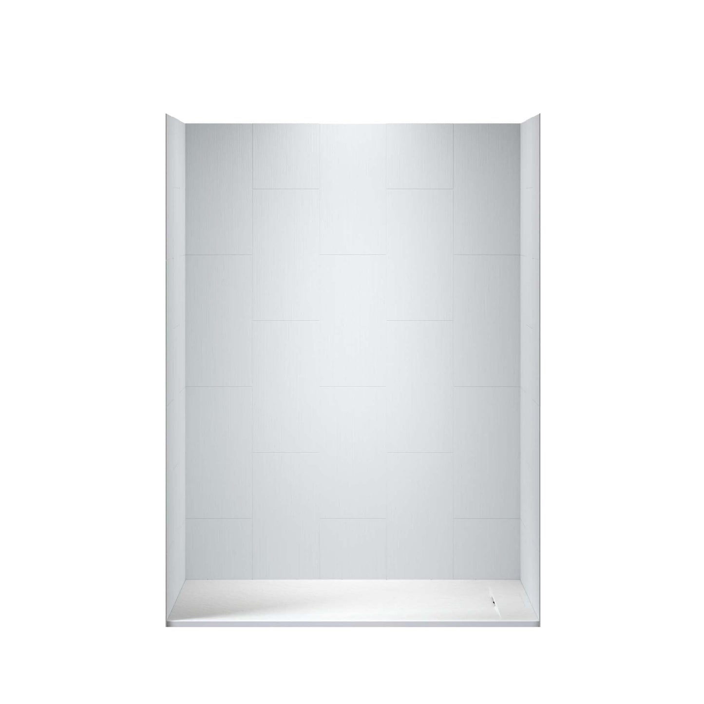 Light Gray WOODBRIDGE 60 in. L x 36 in. W x 75 in. H Alcove Solid Surface Shower Combo Kits with Glue Up Shower Walls in Matte White and Curbless Shower Base with Reversible Drain in White