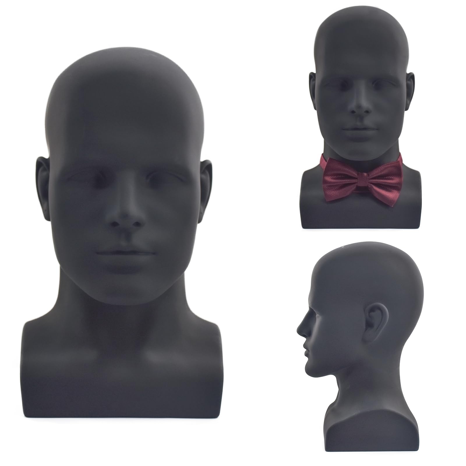 White Smoke VEELTRAS Male Mannequin Head PVC Professional Head Model Cosmetology Male Mannequin Head Display for Wigs Hat Mask Scarf Sunglasses with Mount Hole (Matte black)