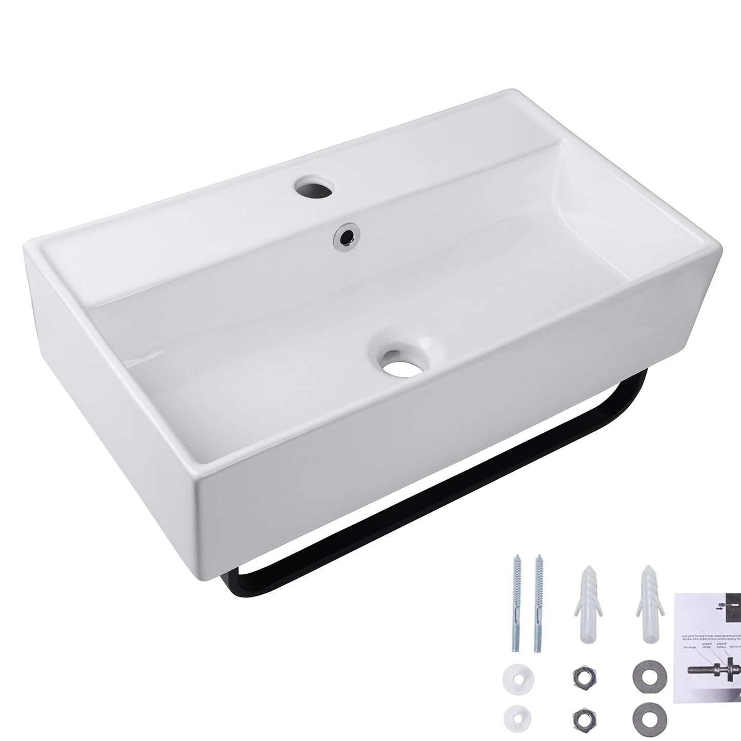 White Smoke Wall Mount Rectangular Vessel Sink with Towel Rack, QISHKA 21.5"x12.5" Modern Ceramic Bathroom Floating Sink, White Rectangle Vanity Sink with Overflow, Wall Hung Wash Hand Basin