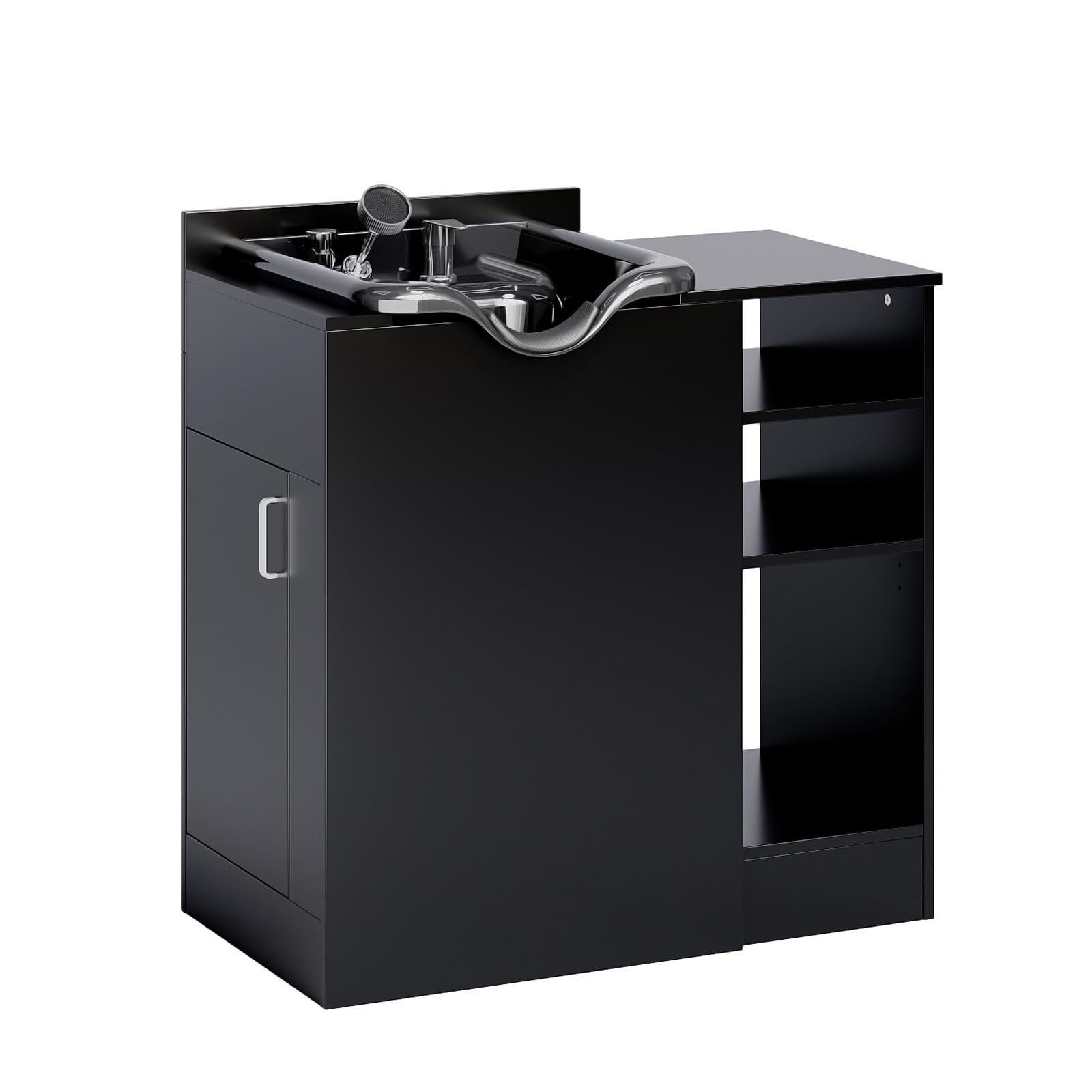 Dark Slate Gray OmySalon Shampoo Bowl with Cabinet, Portable Salon Hair Washing Station with Adjustable Shelf, UPC Certified Faucet, Freestanding Backwash Sink for Barber, Beauty Salon, Spa
