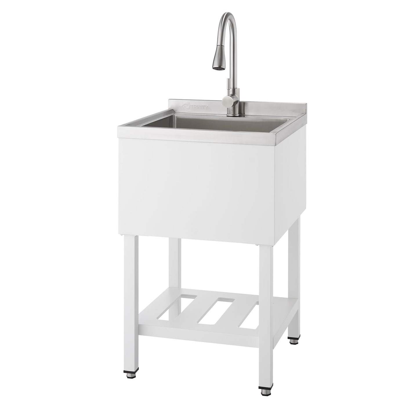 White Smoke TRINITY 21.5-Inch Freestanding Stainless Steel Utility Sink, NSF Commercial Sink for Laundry Room, Restaurant Kitchen Prep, Garage, Shop, Food Truck, Dog Wash, With Hot/Cold Pull-Out Faucet, White