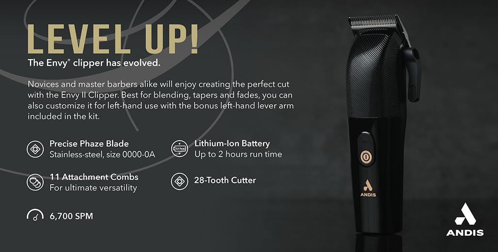 Dark Slate Gray Andis Envy II Cordless Clipper, Professional Lithium-ion Electric Beard & Hair Clipper, Phaze Blade, Cordless, Black