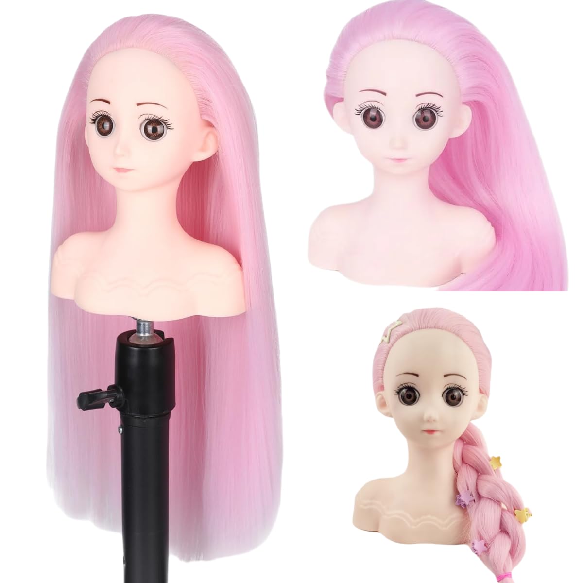 White Smoke Czrleaty Training Doll Head for Hair Styling, Cosmetology Mannequin Head with Pink Hair for Kids Practice Braiding