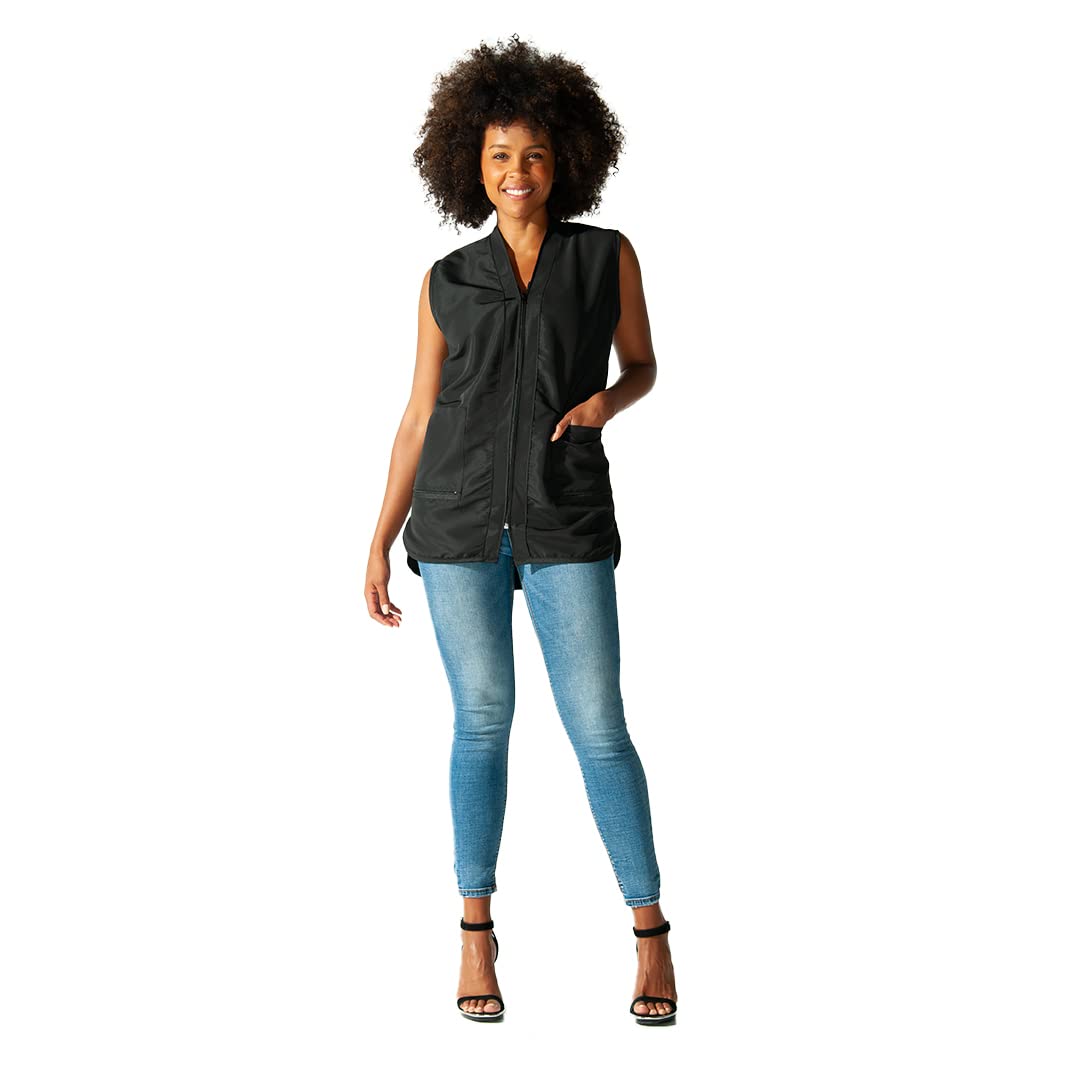White Smoke Betty Dain Professional Zip Front Salon Stylist Vest, V-Neck, Iridescent Fabric, Adjustable Belt, Two Lower Pockets with Zippered Bottoms, Lightweight, Machine Washable Nylon, Black, XL