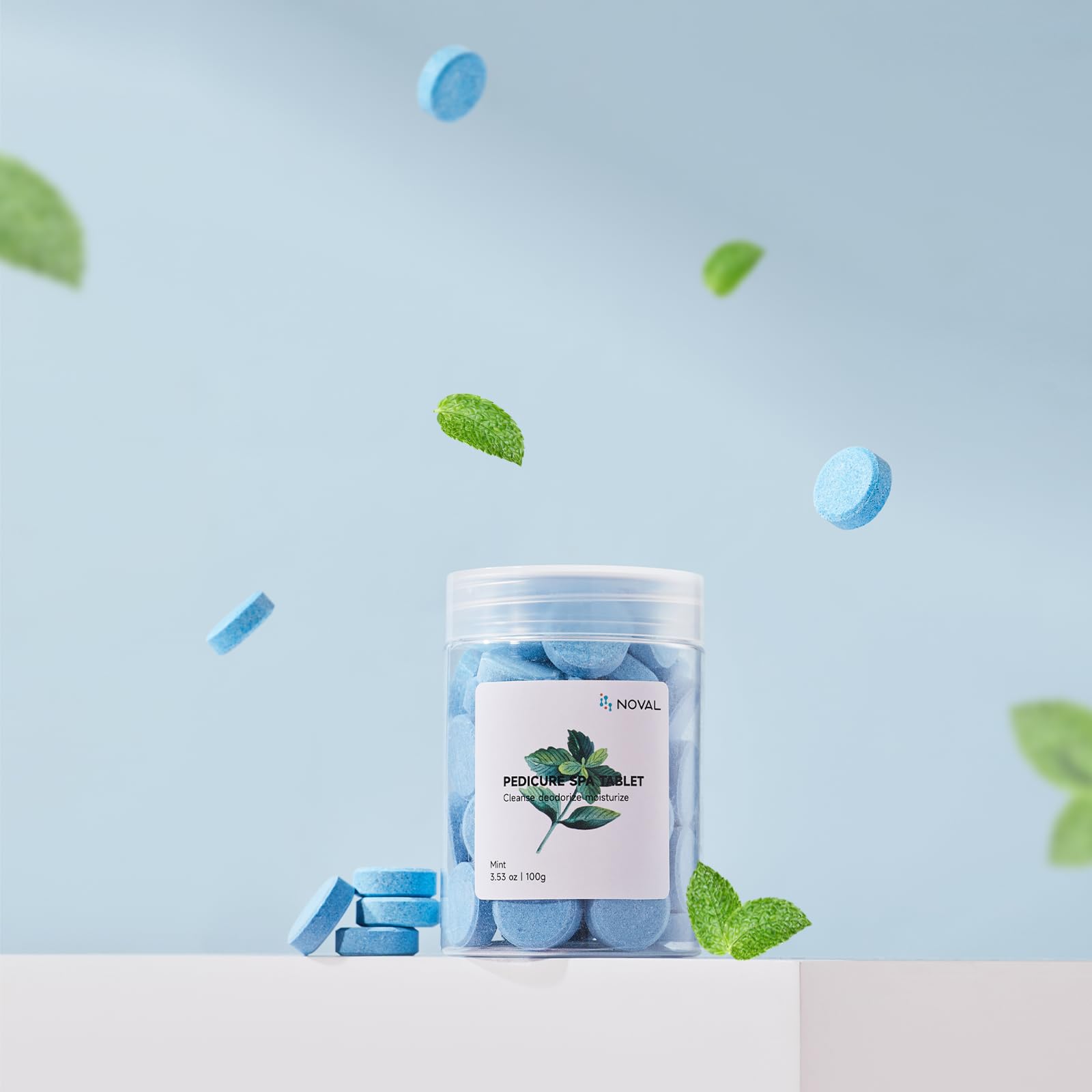 Light Gray NOVAL Pedicure Spa Tablets, Blue Mint Foot Soak for Pedicure Bowl, Foot Bath and Salon Home Use, 100g