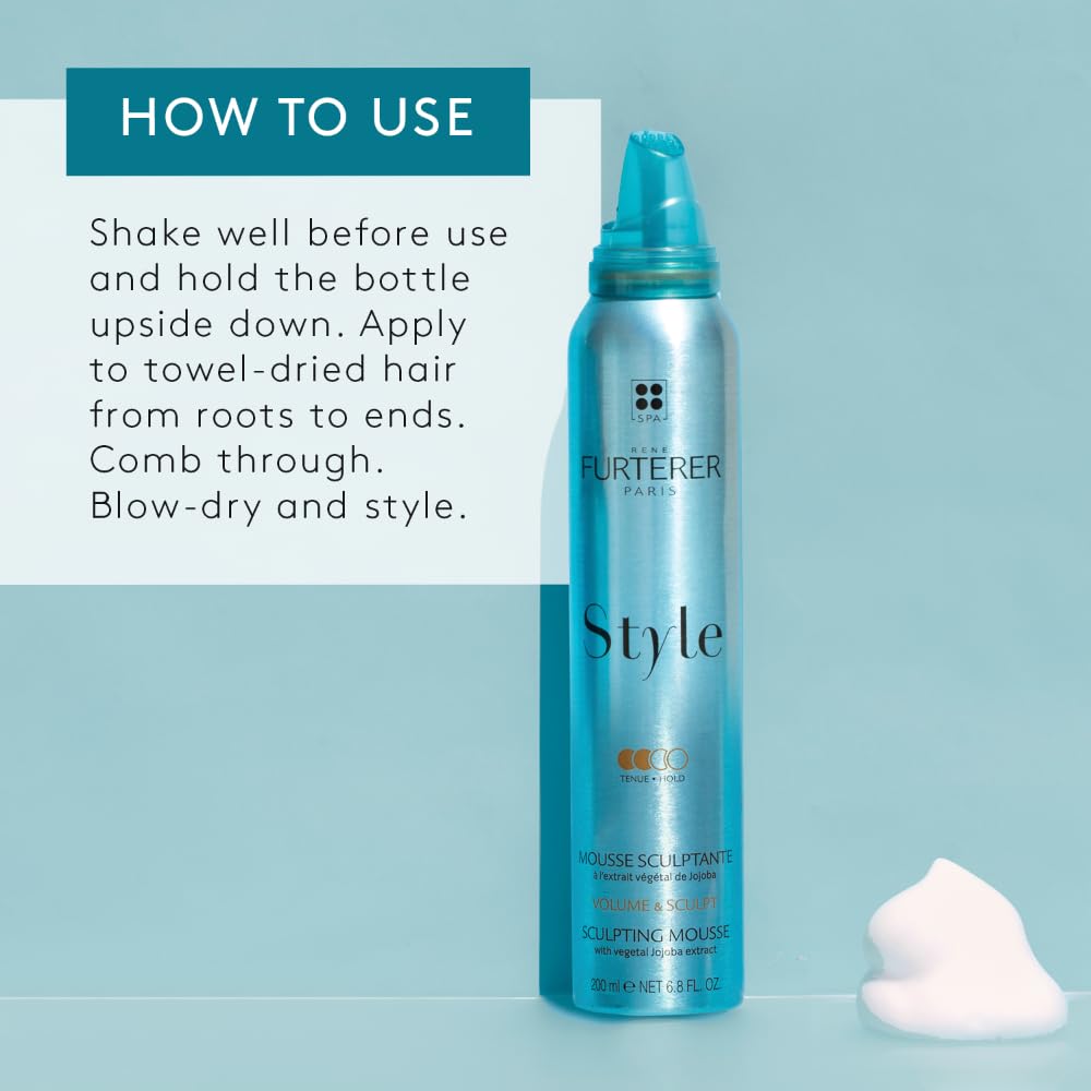 Light Steel Blue Rene Furterer Style Sculpting Mousse Provides Long-Lasting Natural Volume Using Vegetal Jojoba Extract, For All Hair Types, Silicone-Free, Vegan, 6.8 fl. oz.