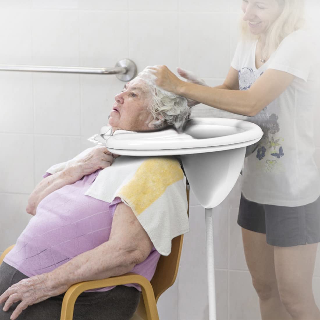 Light Gray Portable Inflatable Shampoo Basin for Bedridden, Handicapped, Seniors - With Air Pump, Hair Washing Tray for Home, Hospitals, Salons