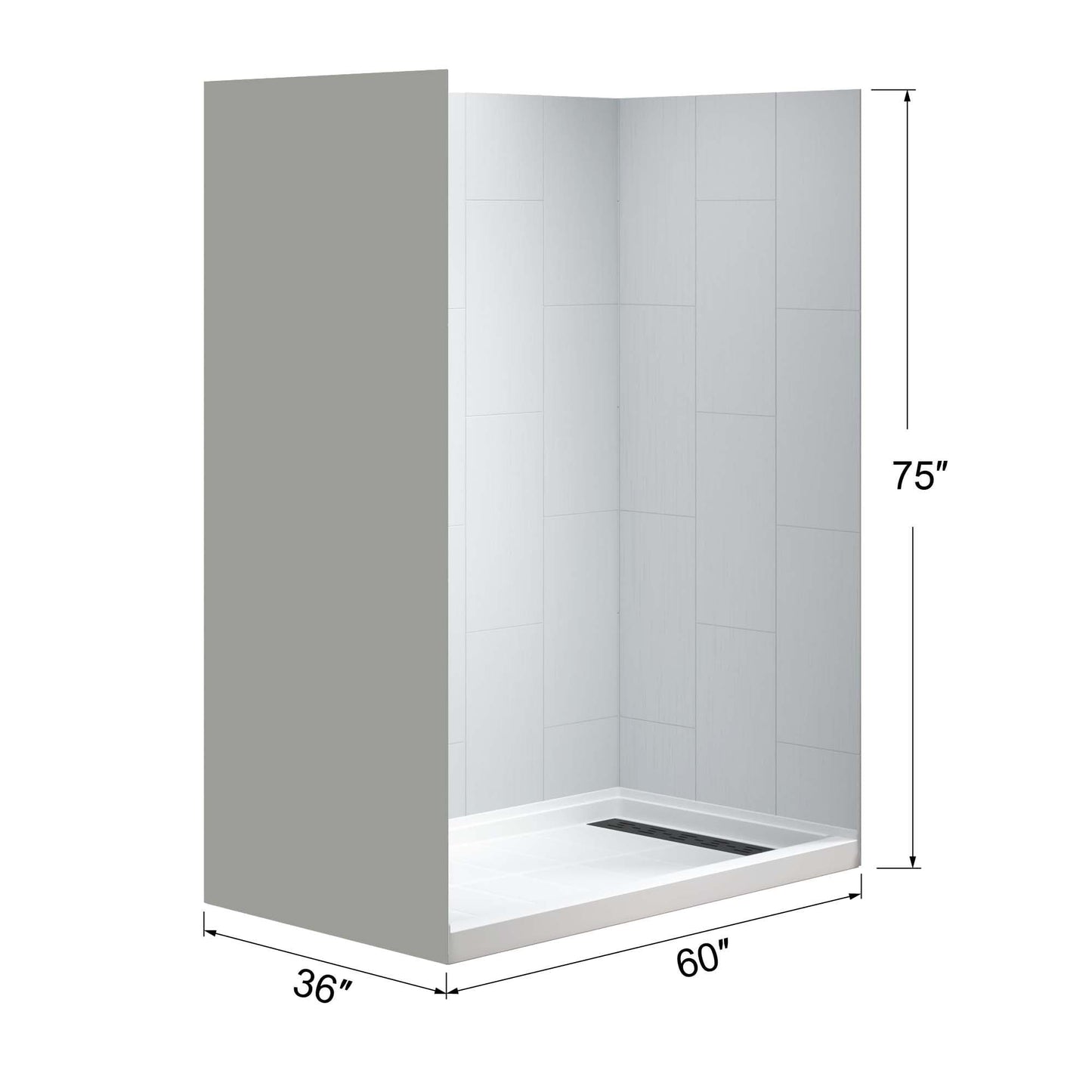 Dark Gray WOODBRIDGE 60 L x 36 W x 75 H Alcove Solid Surface Shower Combo Kits with Glue Up Shower Walls in Matte White and Single Threshold Shower Base in White with Right Drain and Black Cover