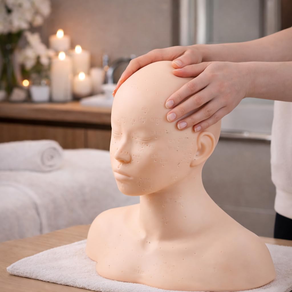 Tan Japard Mannequin Head for Facial Practice, Massage, Esthetics Doll with Acupressure Point, Soft PVC Silicone Head with Shoulder