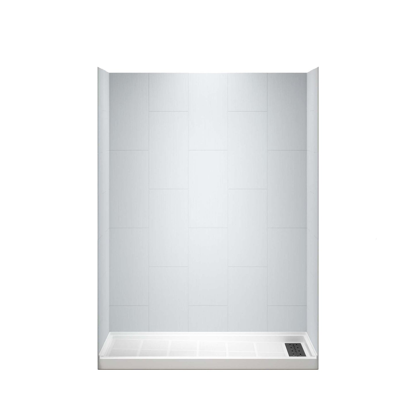 Lavender WOODBRIDGE 60 L x 36 W x 75 H Alcove Solid Surface Shower Combo Kits with Glue Up Shower Walls in Matte White and Single Threshold Shower Base in White with Right Drain and Black Cover