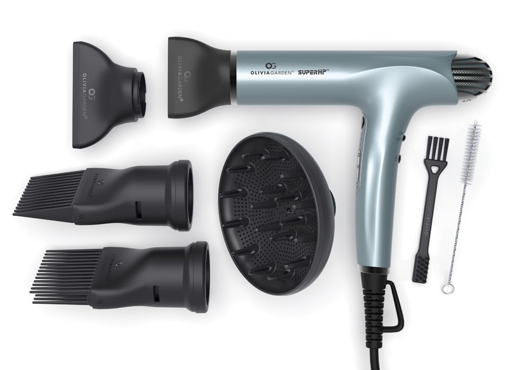 White Smoke Olivia Garden 1875W SuperHP Professional Hair Dryer for All Hair Types - Quiet, Fast Drying Blow Dryer - Powerful Ionic Generator - 5 Attachments, Including 2 Comb and 1 Diffuser Attachments