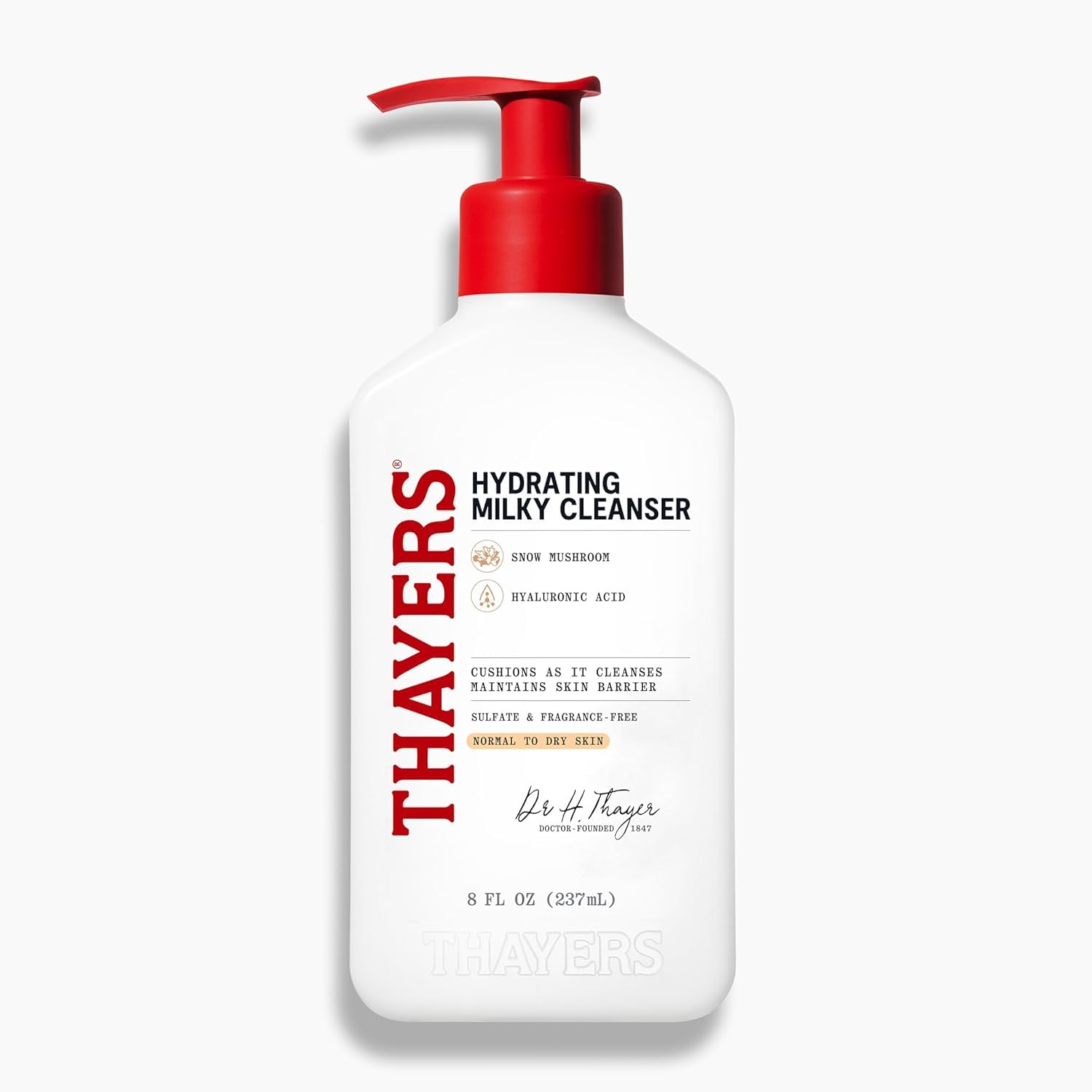 White Smoke Thayers Milky Hydrating Face Cleanser with Snow Mushroom and Hyaluronic Acid, Dermatologist Recommended Gentle Facial Wash and Hydrating Skincare for Dry and Sensitive Skin, Paraben Free, 8 Fl Oz