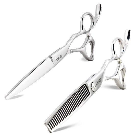 White Smoke KINSARO 6 Inch Hair Cutting Scissors & 6 Inch Hair Thinning Scissors, V Shape Teeth, Stainless Steel, Silver, Ambidextrous, Thinning, Compact