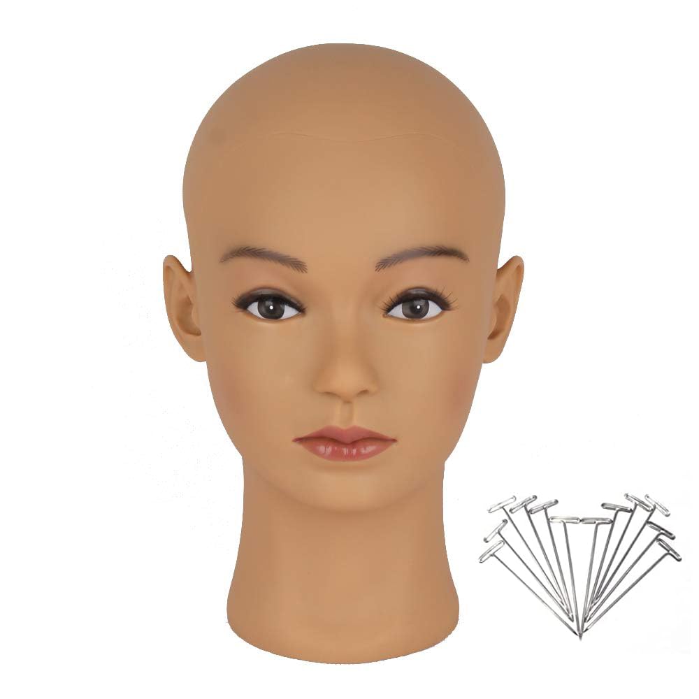 White Smoke Hairway Female Professional Cosmetology Training Mannequin - Bald Mannequin Head for Wigs Making and Display - With Free T-Pins (Light Brown 21.5 Inch)