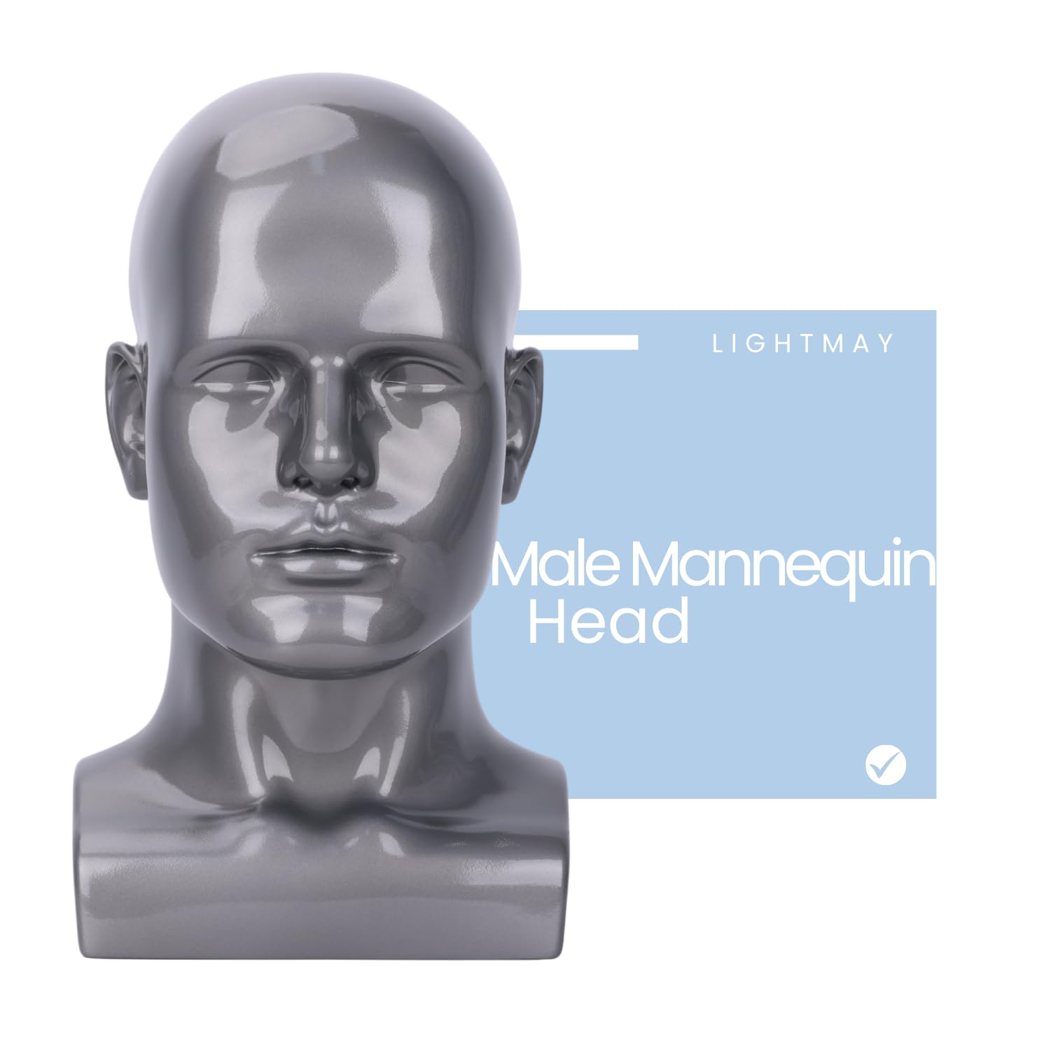 White Smoke lightmay Male Mannequin Head – 13.7” Silver Gray Wig Stand for Hats, Wigs, Headphone, Glasses – Great for Styling, Display & Storage (Bright Gray, 13.7)