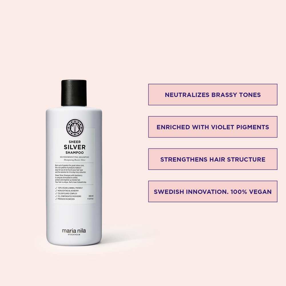 Misty Rose Maria Nila Sheer Silver, Silver/Purple Shampoo, Neutralizes Brassy Yellow/Golden Shades in Blonde, White & Grey Hairs, Violet Pigments Gives Cool Tone, 100% Vegan & Sulfate/Paraben free, 11.8 Fl Oz