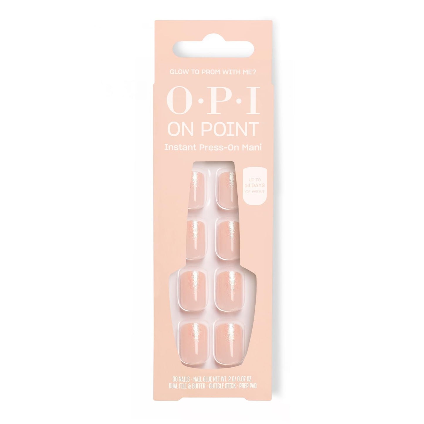 Bisque OPI On Point Glow to Prom With Me? | Short Squoval Soft Iridescent Nude with Shimmer Press On Nails | 30 Count with Nail Glue | Long Lasting, Reusable, Non-damaging