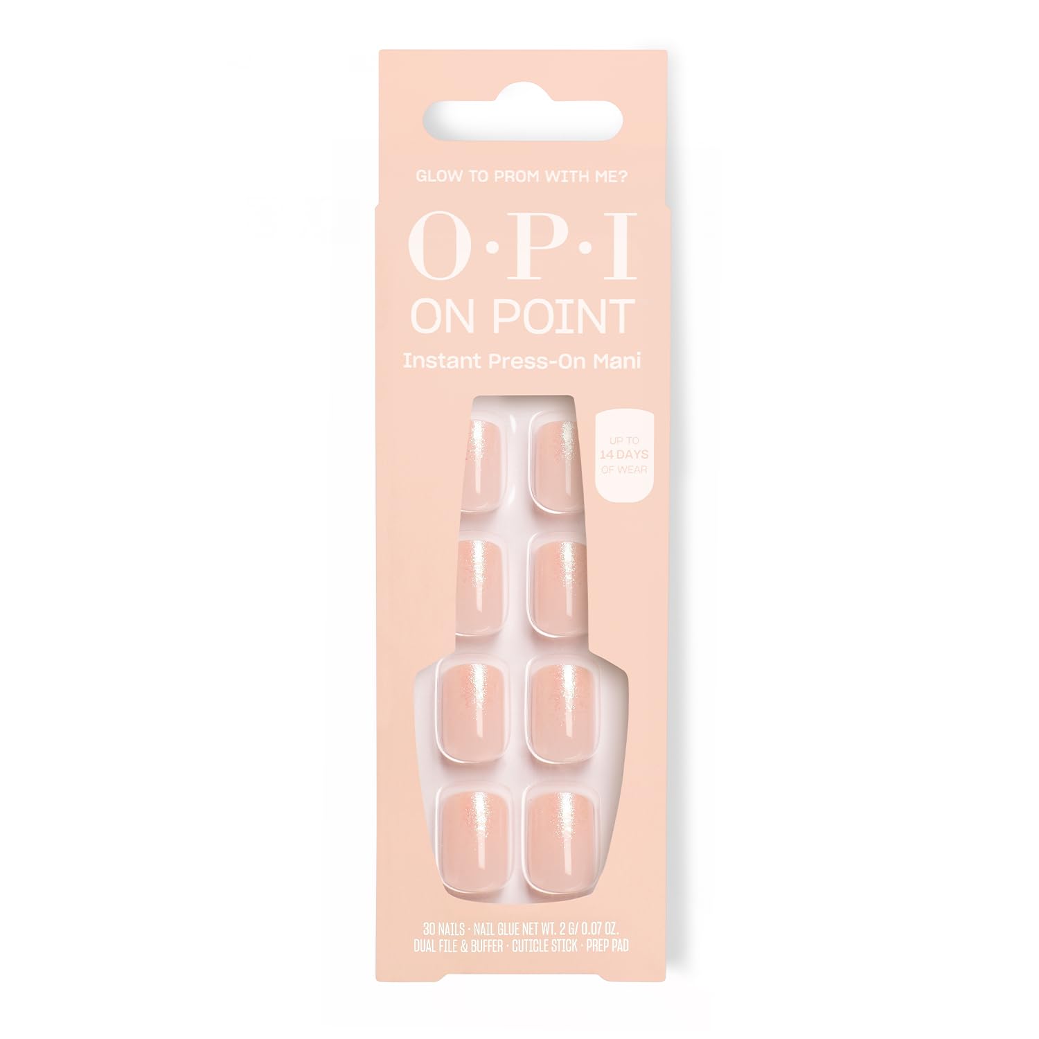 Bisque OPI On Point Glow to Prom With Me? | Short Squoval Soft Iridescent Nude with Shimmer Press On Nails | 30 Count with Nail Glue | Long Lasting, Reusable, Non-damaging