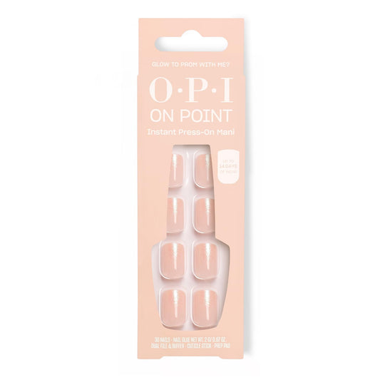 Bisque OPI On Point Glow to Prom With Me? | Short Squoval Soft Iridescent Nude with Shimmer Press On Nails | 30 Count with Nail Glue | Long Lasting, Reusable, Non-damaging