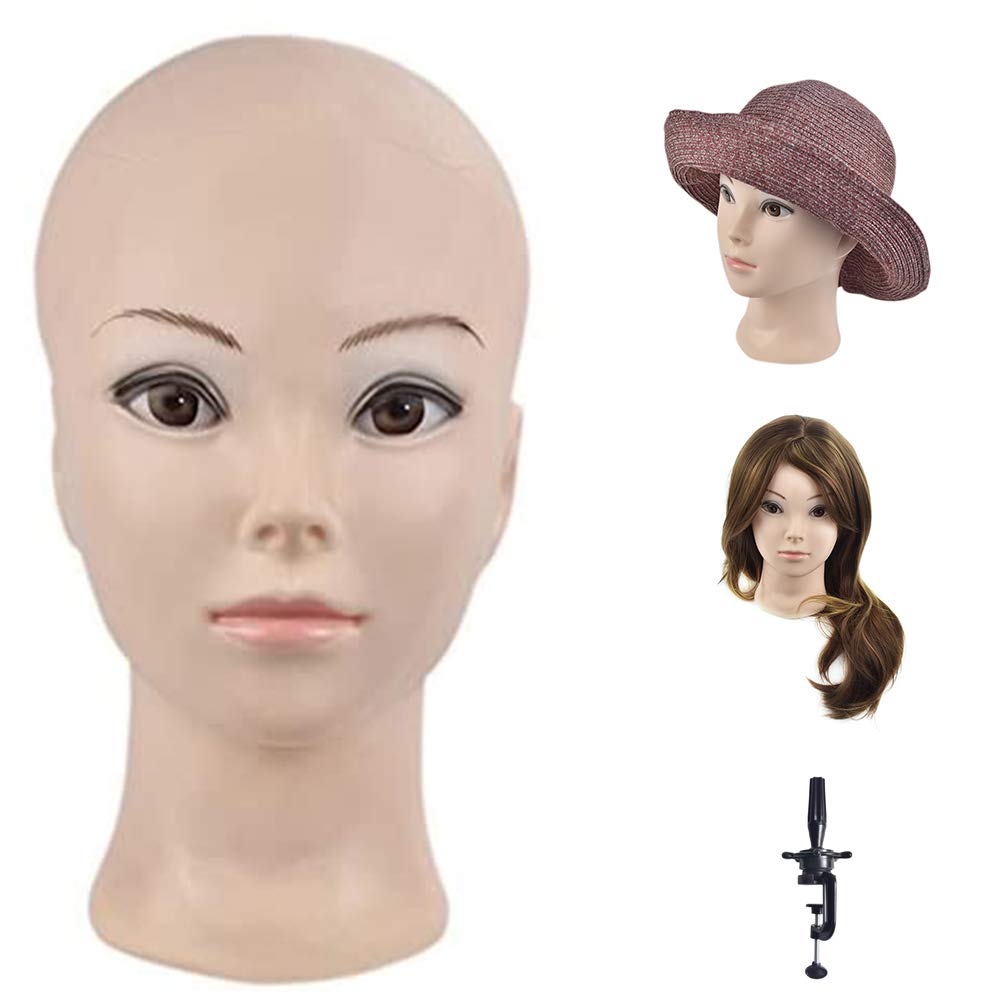 White Smoke Ba Sha Bald Mannequin Head Beige Female Professional Cosmetology Manikin Doll head for Wigs Making Wig Display Hat Display Glasses Display with Free Clamp