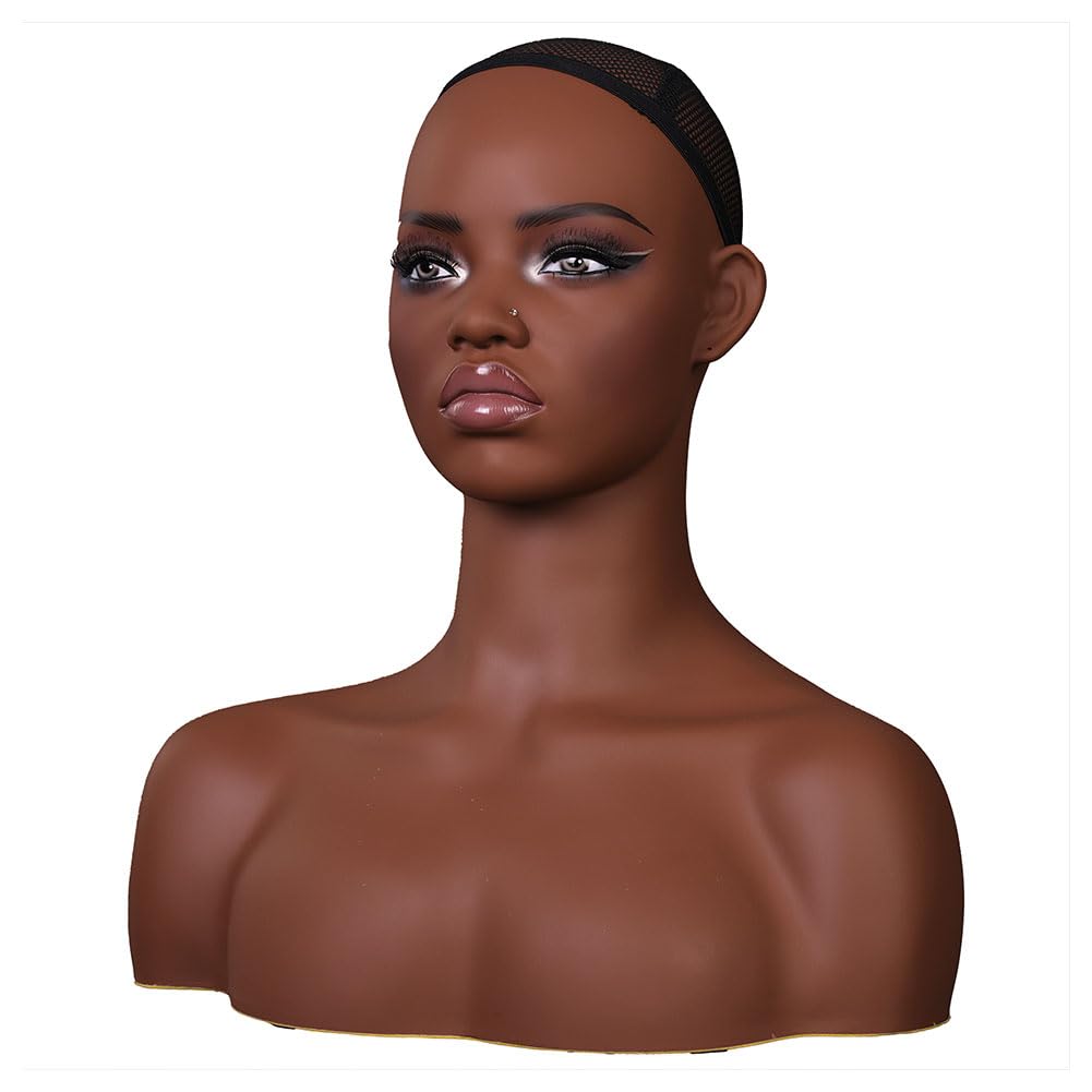 White Smoke JINGFA Realistic Female Mannequin Head with Shoulders Manikin Wig Head Stands for Wigs Displaying Make Up Head