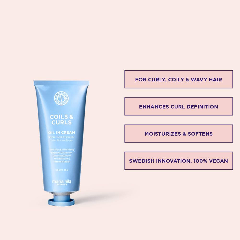 Misty Rose Maria Nila Coils & Curls Oil-In-Cream, 3.4 Fl Oz, For Curly & Wavy Hair, Jojoba oil to Stay Hydrated while Washing, Shea butter for Curl Enhancement, 100% Vegan