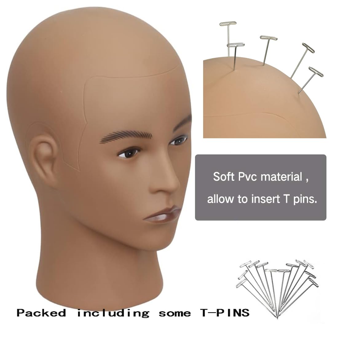 White Smoke HAIRWAY Male Mannequin Head Stand Professional Cosmetology Mannequin Head Bald Training Wigs Head Stand for Wigs Making and Display with Free T-pins (Brown)