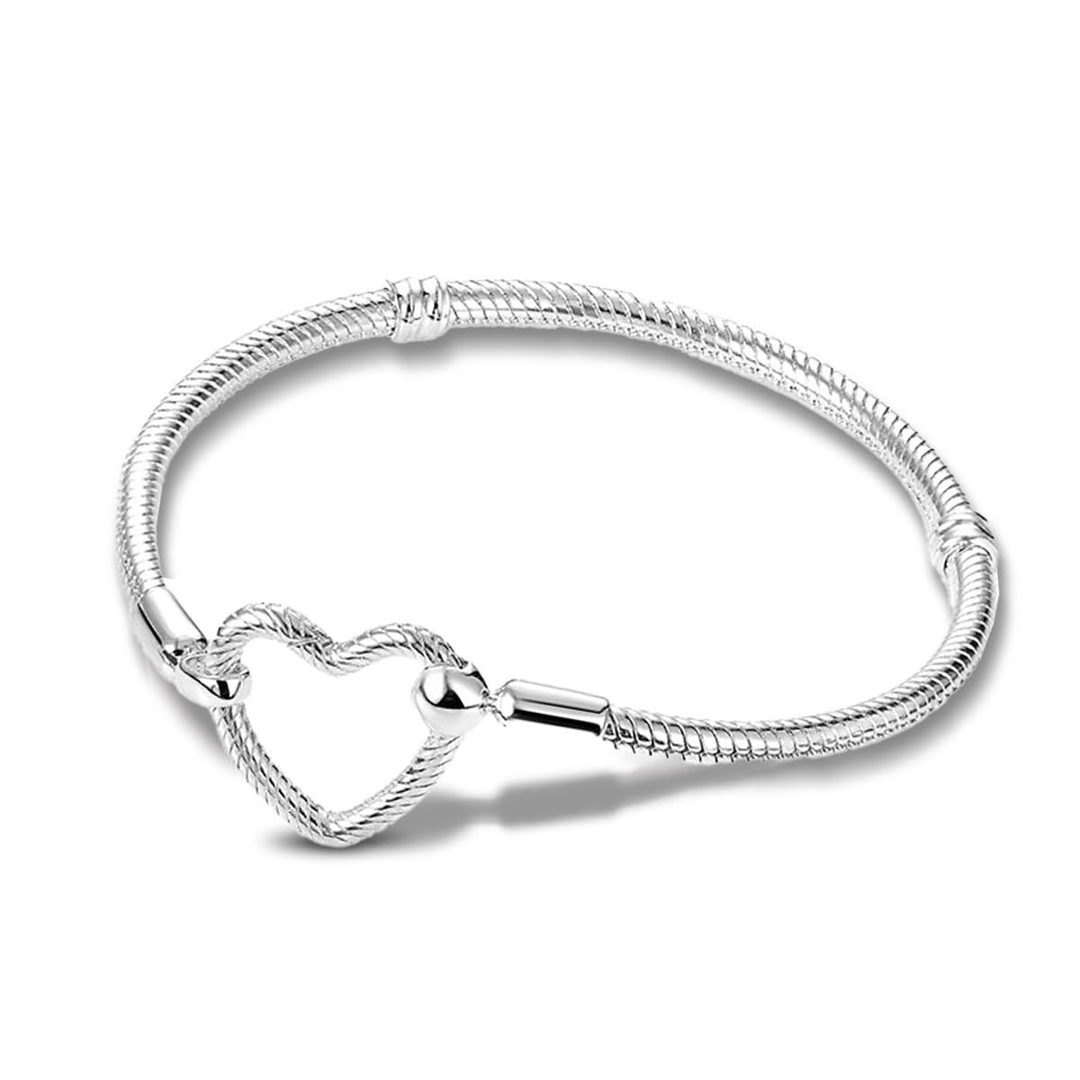 White Smoke ChenYuTe 925 Sterling Silver Snake Chain Bracelet,Compatible with Pandora Charms Pendant,Heart Shape Bracelet Clasp for Womes Jewellery Gift