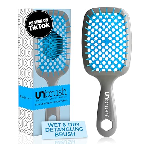 Cepillo desenredante FHI Heat UNbrush para un cepillado sin dolor en todo tipo de cabello húmedo o seco: cerdas antiestáticas DuoFlex duraderas, mango ligero, cepillo ventilado, azul claro/gris