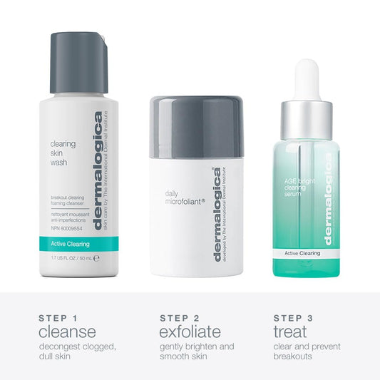 White Smoke Dermalogica Clear and Brighten Kit, 3 Step Facial Skincare Set - Includes Face Cleanser, Exfoliator, and Serum
